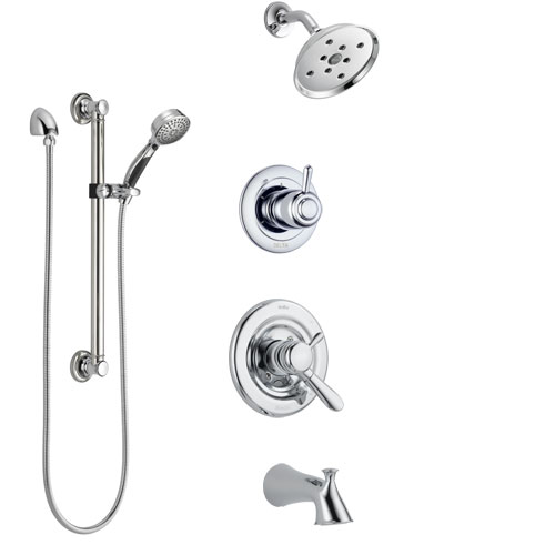 Delta Lahara Chrome Finish Tub and Shower System with Dual Control Handle, 3-Setting Diverter, Showerhead, and Hand Shower with Grab Bar SS174384