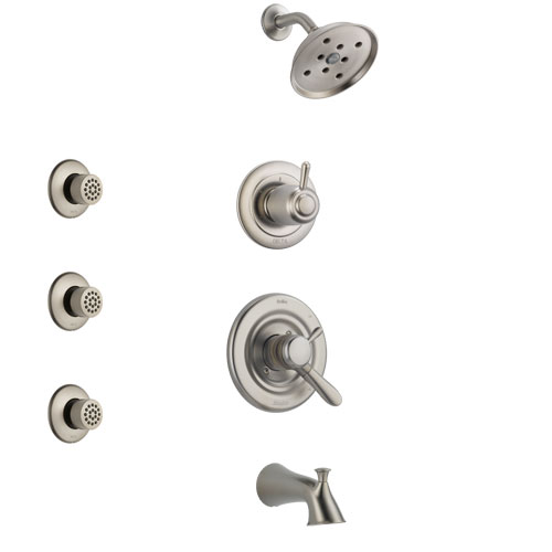 Delta Lahara Stainless Steel Finish Tub and Shower System with Dual Control Handle, 3-Setting Diverter, Showerhead, and 3 Body Sprays SS17438SS2