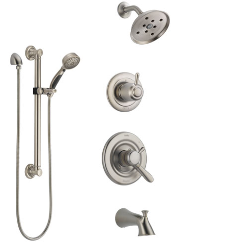 Delta Lahara Stainless Steel Finish Tub and Shower System with Dual Control Handle, Diverter, Showerhead, and Hand Shower with Grab Bar SS17438SS3