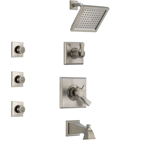 Delta Dryden Stainless Steel Finish Tub and Shower System with Dual Control Handle, 3-Setting Diverter, Showerhead, and 3 Body Sprays SS174511SS1