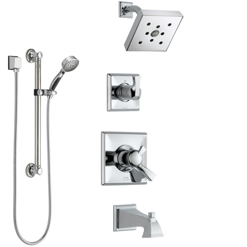 Delta Dryden Chrome Finish Tub and Shower System with Dual Control Handle, 3-Setting Diverter, Showerhead, and Hand Shower with Grab Bar SS1745123