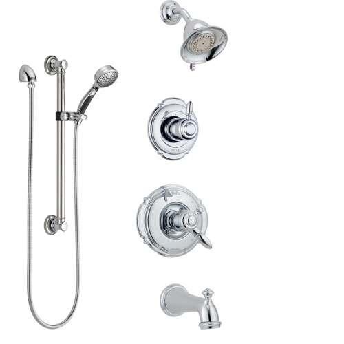 Delta Victorian Chrome Finish Tub and Shower System with Dual Control Handle, 3-Setting Diverter, Showerhead, and Hand Shower with Grab Bar SS1745513