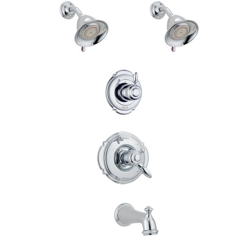 Delta Victorian Chrome Finish Tub and Shower System with Dual Control Handle, 3-Setting Diverter, 2 Showerheads SS1745516