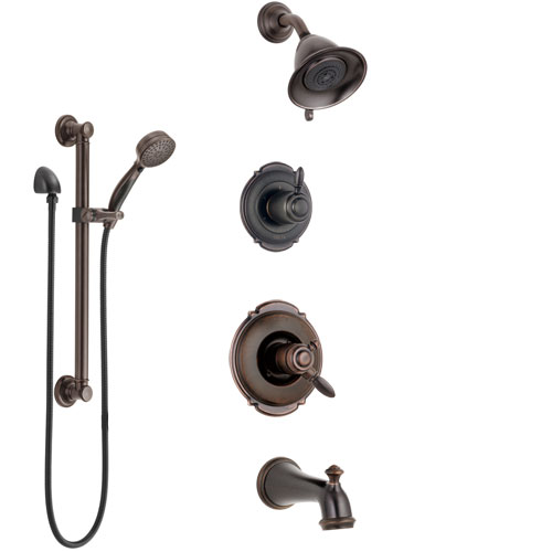 Delta Victorian Venetian Bronze Tub and Shower System with Dual Control Handle, Diverter, Showerhead, and Hand Shower with Grab Bar SS174551RB3