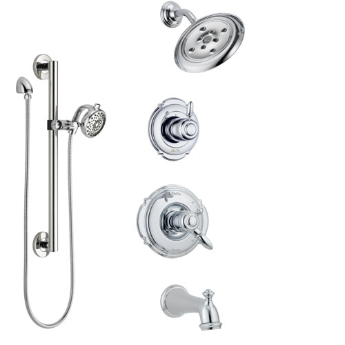 Delta Victorian Chrome Finish Tub and Shower System with Dual Control Handle, 3-Setting Diverter, Showerhead, and Hand Shower with Grab Bar SS1745525