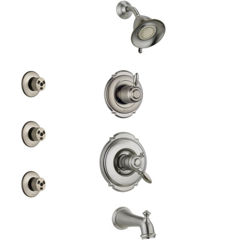 Delta Victorian Stainless Steel Finish Tub and Shower System with Dual Control Handle, 3-Setting Diverter, Showerhead, and 3 Body Sprays SS17455SS1