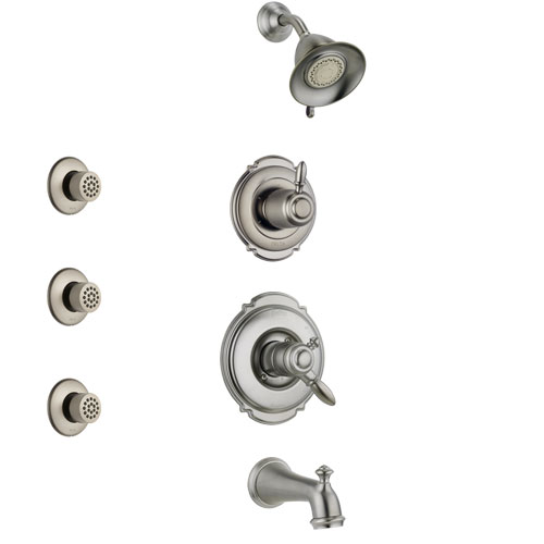 Delta Victorian Stainless Steel Finish Tub and Shower System with Dual Control Handle, 3-Setting Diverter, Showerhead, and 3 Body Sprays SS17455SS2