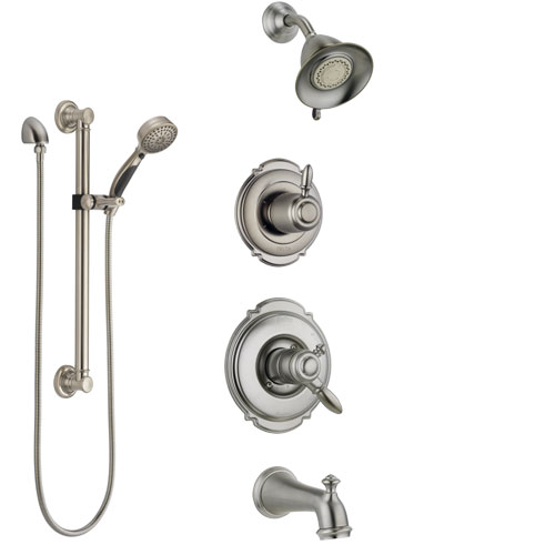 Delta Victorian Stainless Steel Finish Tub and Shower System with Dual Control Handle, Diverter, Showerhead, and Hand Shower with Grab Bar SS17455SS3