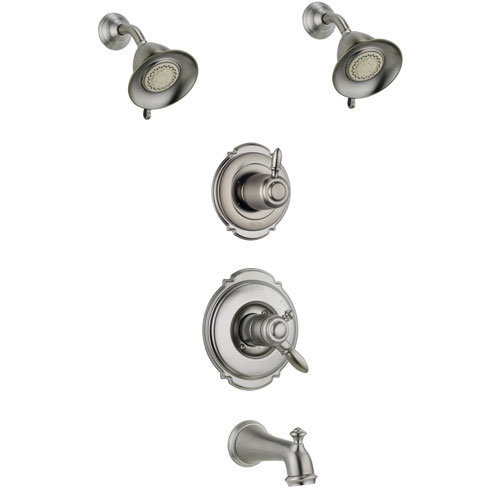 Delta Victorian Stainless Steel Finish Tub and Shower System with Dual Control Handle, 3-Setting Diverter, 2 Showerheads SS17455SS5