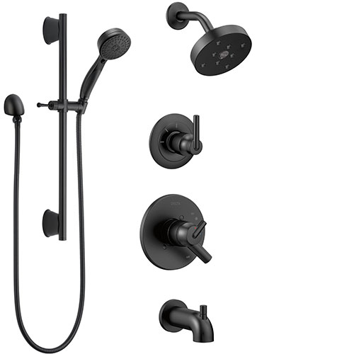 Delta Trinsic Matte Black Finish Modern Complete Tub and Shower System with Diverter, Hand Sprayer on Slide Bar, and Wall Mount Showerhead SS174593BL2