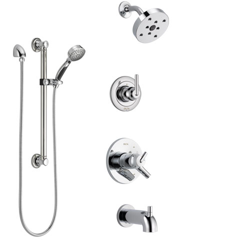 Delta Trinsic Chrome Finish Tub and Shower System with Dual Control Handle, 3-Setting Diverter, Showerhead, and Hand Shower with Grab Bar SS174593