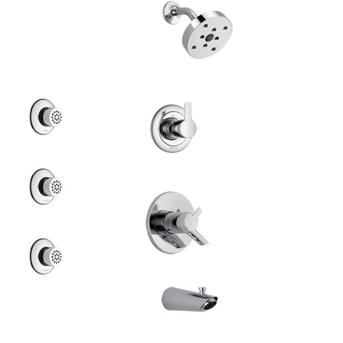 Delta Compel Chrome Finish Tub and Shower System with Dual Control Handle, 3-Setting Diverter, Showerhead, and 3 Body Sprays SS174611