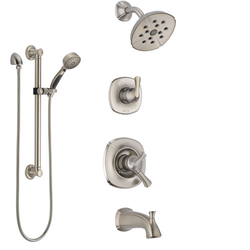 Delta Addison Stainless Steel Finish Tub and Shower System with Dual Control Handle, Diverter, Showerhead, and Hand Shower with Grab Bar SS17492SS3