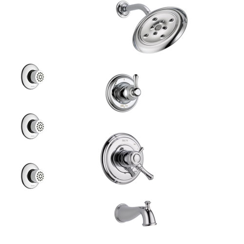 Delta Cassidy Chrome Finish Tub and Shower System with Dual Control Handle, 3-Setting Diverter, Showerhead, and 3 Body Sprays SS174971