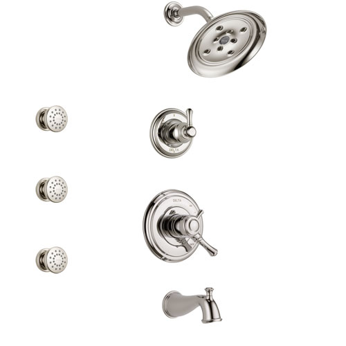 Delta Cassidy Polished Nickel Finish Tub and Shower System with Dual Control Handle, 3-Setting Diverter, Showerhead, and 3 Body Sprays SS17497PN1