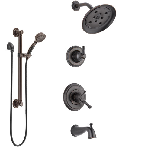 Delta Cassidy Venetian Bronze Tub and Shower System with Dual Control Handle, 3-Setting Diverter, Showerhead, and Hand Shower with Grab Bar SS17497RB3