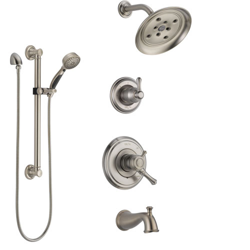 Delta Cassidy Stainless Steel Finish Tub and Shower System with Dual Control Handle, Diverter, Showerhead, and Hand Shower with Grab Bar SS17497SS3