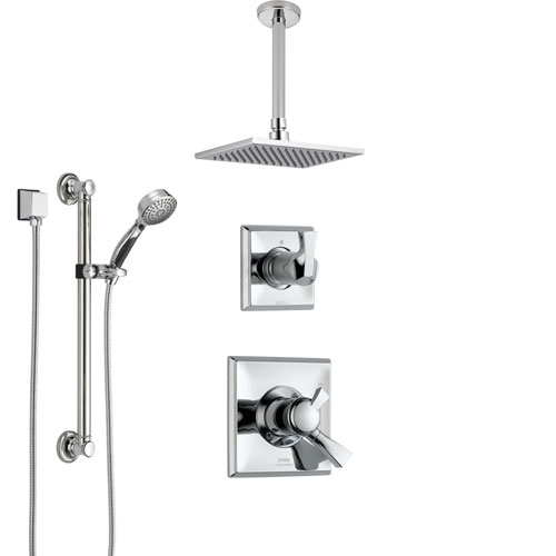 Delta Dryden Chrome Finish Shower System with Dual Control Handle, 3-Setting Diverter, Ceiling Mount Showerhead, and Hand Shower with Grab Bar SS17511