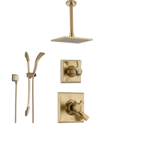 Delta Dryden Champagne Bronze Shower System with Dual Control Shower Handle, 3-setting Diverter, Large Modern Square Shower Head, and Handheld Spray SS175182CZ