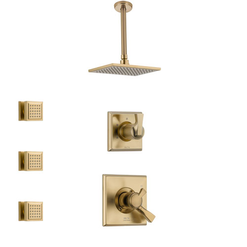 Delta Dryden Champagne Bronze Finish Shower System with Dual Control Handle, 3-Setting Diverter, Ceiling Mount Showerhead, and 3 Body Sprays SS1751CZ7