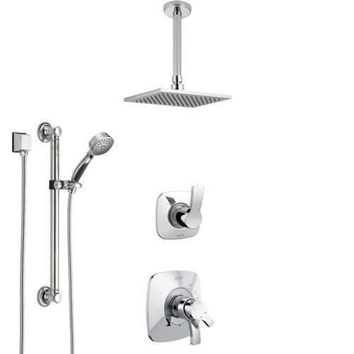 Delta Tesla Chrome Finish Shower System with Dual Control Handle, 3-Setting Diverter, Ceiling Mount Showerhead, and Hand Shower with Grab Bar SS17521