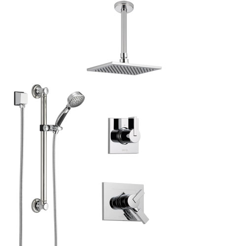 Delta Vero Chrome Finish Shower System with Dual Control Handle, 3-Setting Diverter, Ceiling Mount Showerhead, and Hand Shower with Grab Bar SS17534