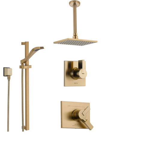 Delta Vero Champagne Bronze Shower System with Dual Control Shower Handle, 3-setting Diverter, Large Modern Square Ceiling Mount Showerhead, and Handheld Shower SS175383CZ