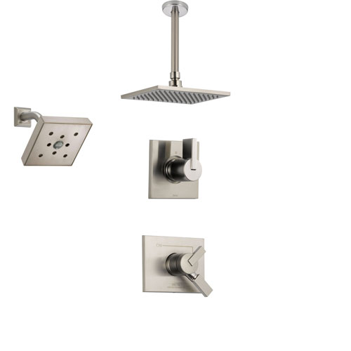 Delta Vero Stainless Steel Shower System with Dual Control Shower Handle, 3-setting Diverter, Large Square Ceiling Mount Showerhead, and Wall Mount Showerhead SS175384SS