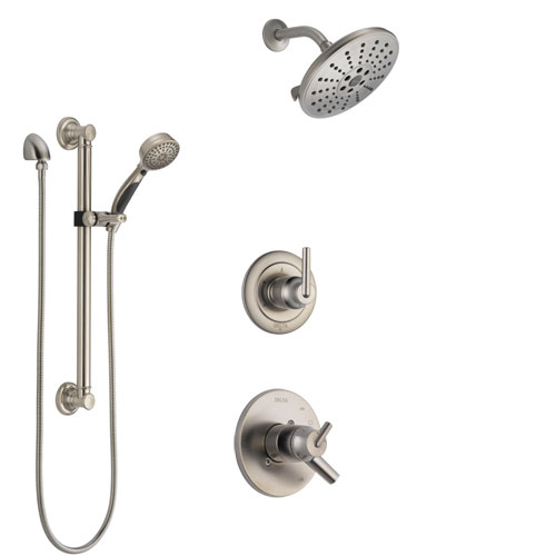 Delta Trinsic Stainless Steel Finish Shower System with Dual Control Handle, 3-Setting Diverter, Showerhead, and Hand Shower with Grab Bar SS1759SS4