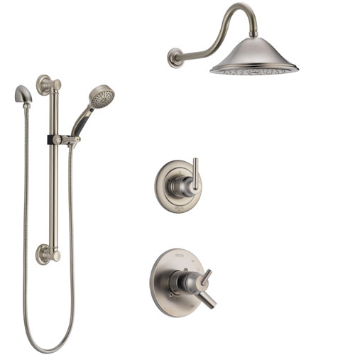 Delta Trinsic Stainless Steel Finish Shower System with Dual Control Handle, 3-Setting Diverter, Showerhead, and Hand Shower with Grab Bar SS1759SS5