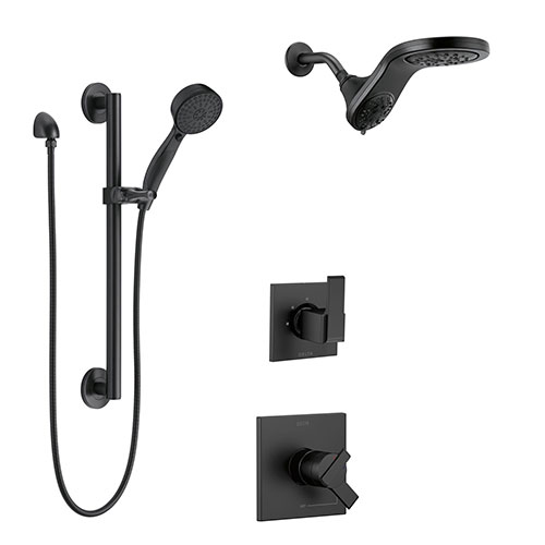 Delta Ara Matte Black Finish Modern Shower System with Dual HydroRain Wall Mount Showerhead and Hand Sprayer with Grab Bar SS17673BL12