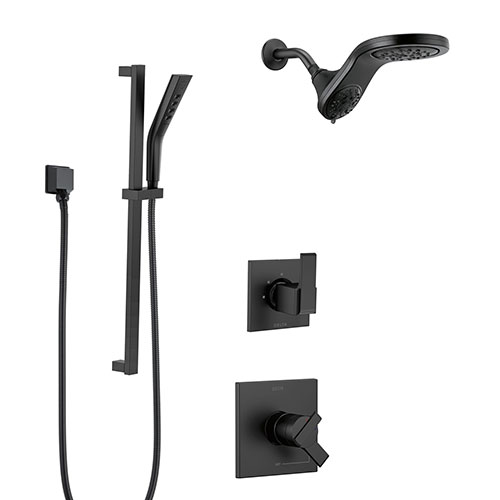Delta Ara Matte Black Finish Modern Shower System with Dual HydroRain Wall Mount Showerhead and Hand Sprayer with Slidebar SS17673BL13