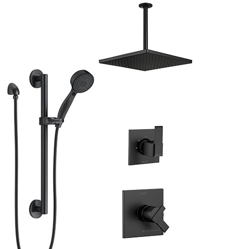 Delta Ara Matte Black Finish Modern Square Diverter Shower System with Large Rain Ceiling Mount Showerhead and Grab Bar Mounted Hand Spray SS17673BL1