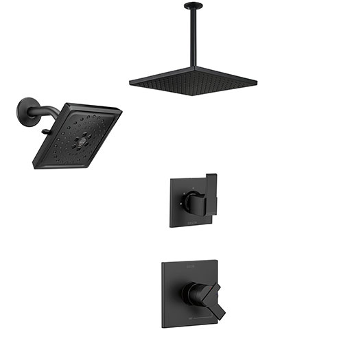 Delta Ara Matte Black Finish Dual Control Shower System with Diverter, Large Square Ceiling Showerhead, and Multi-Setting Wall Showerhead SS17673BL7