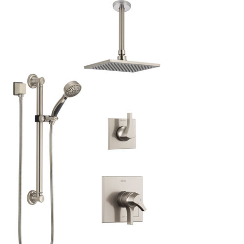 Delta Zura Stainless Steel Finish Shower System with Dual Control Handle, Diverter, Ceiling Mount Showerhead, and Hand Shower with Grab Bar SS1774SS4