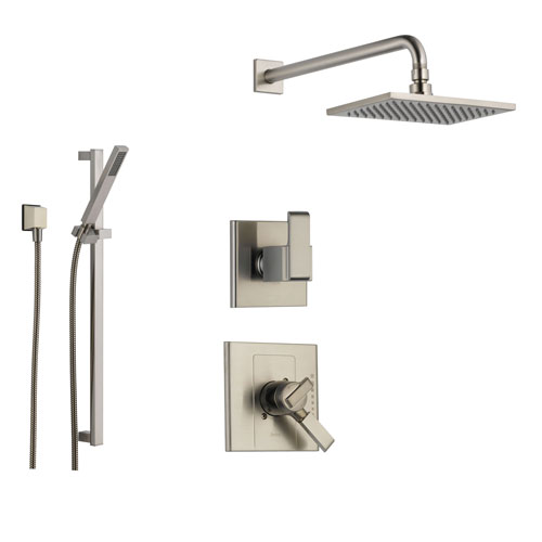 Delta Arzo Stainless Steel Shower System with Dual Control Shower Handle, 3-setting Diverter, Modern Square Showerhead, and Handheld Shower SS178682SS