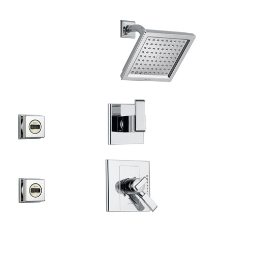 Delta Arzo Chrome Shower System with Dual Control Shower Handle, 3-setting Diverter, Modern Square Showerhead, and 2 Body Sprays SS178685