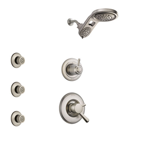 Delta Linden Stainless Steel Finish Shower System with Dual Control Handle, 3-Setting Diverter, Dual Showerhead, and 3 Body Sprays SS1793SS4