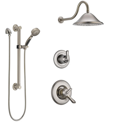 Delta Linden Stainless Steel Finish Shower System with Dual Control Handle, 3-Setting Diverter, Showerhead, and Hand Shower with Grab Bar SS1794SS2
