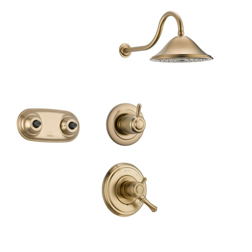 Delta Cassidy Champagne Bronze Shower System with Dual Control Shower Handle, 3-setting Diverter, Large Rain Showerhead, and Dual Body Spray Shower Plate SS179785CZ
