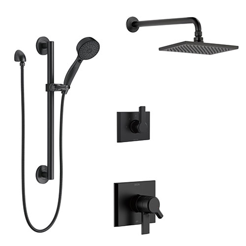 Delta Pivotal Matte Black Finish Modern Shower Diverter System with Wall Mount Rain Showerhead and Grab Bar with Hand Sprayer SS17993BL3