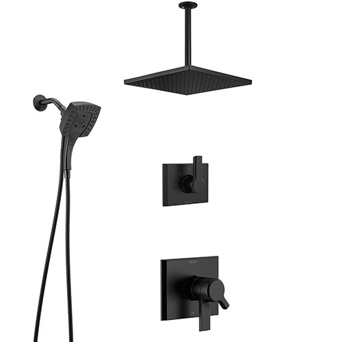 Delta Pivotal Matte Black Finish Modern Shower System with Large Ceiling Mount Showerhead, Diverter, and In2ition Hand Shower Fixture SS17993BL9
