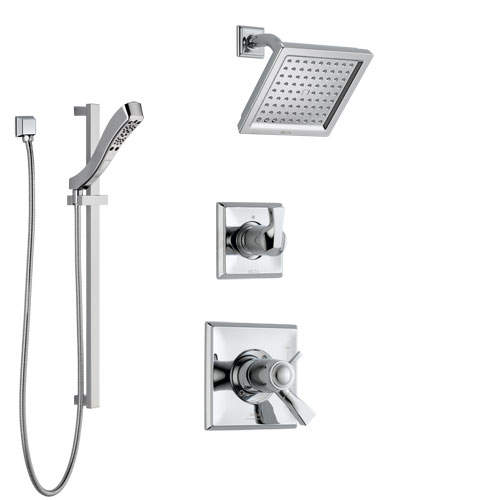 Delta Dryden Chrome Finish Shower System with Dual Thermostatic Control Handle, Diverter, Showerhead, and Hand Shower with Slidebar SS17T25125