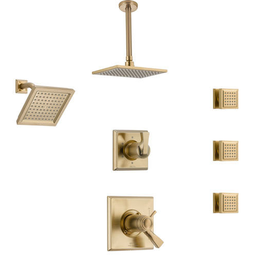 Delta Dryden Champagne Bronze Shower System with Dual Thermostatic Control, Diverter, Showerhead, Ceiling Showerhead, and 3 Body Sprays SS17T2512CZ3