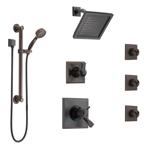 Delta Dryden Venetian Bronze Shower System with Dual Thermostatic Control, Diverter, Showerhead, 3 Body Sprays, and Grab Bar Hand Shower SS17T2512RB2