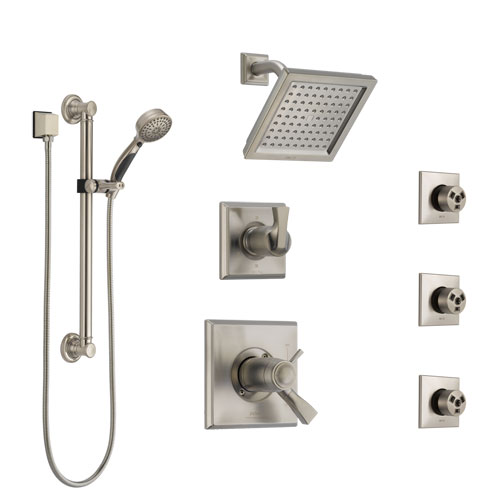 Delta Dryden Dual Thermostatic Control Stainless Steel Finish Shower System, Diverter, Showerhead, 3 Body Sprays, and Grab Bar Hand Spray SS17T2512SS1