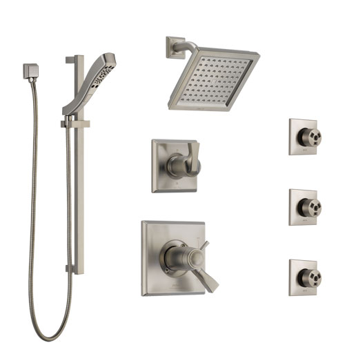 Delta Dryden Dual Thermostatic Control Stainless Steel Finish Shower System, Diverter, Showerhead, 3 Body Sprays, and Hand Shower SS17T2512SS5