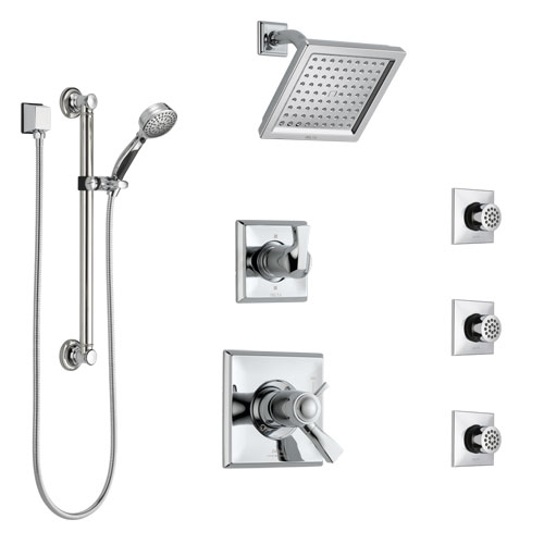 Delta Dryden Chrome Shower System with Dual Thermostatic Control, Diverter, Showerhead, 3 Body Sprays, and Hand Shower with Grab Bar SS17T25141