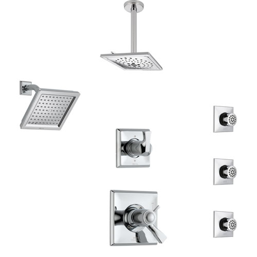 Delta Dryden Chrome Shower System with Dual Thermostatic Control, Diverter, Showerhead, Ceiling Mount Showerhead, and 3 Body Sprays SS17T25145