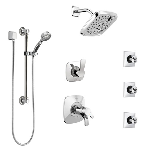 Delta Tesla Chrome Shower System with Dual Thermostatic Control, Diverter, Showerhead, 3 Body Sprays, and Hand Shower with Grab Bar SS17T25212